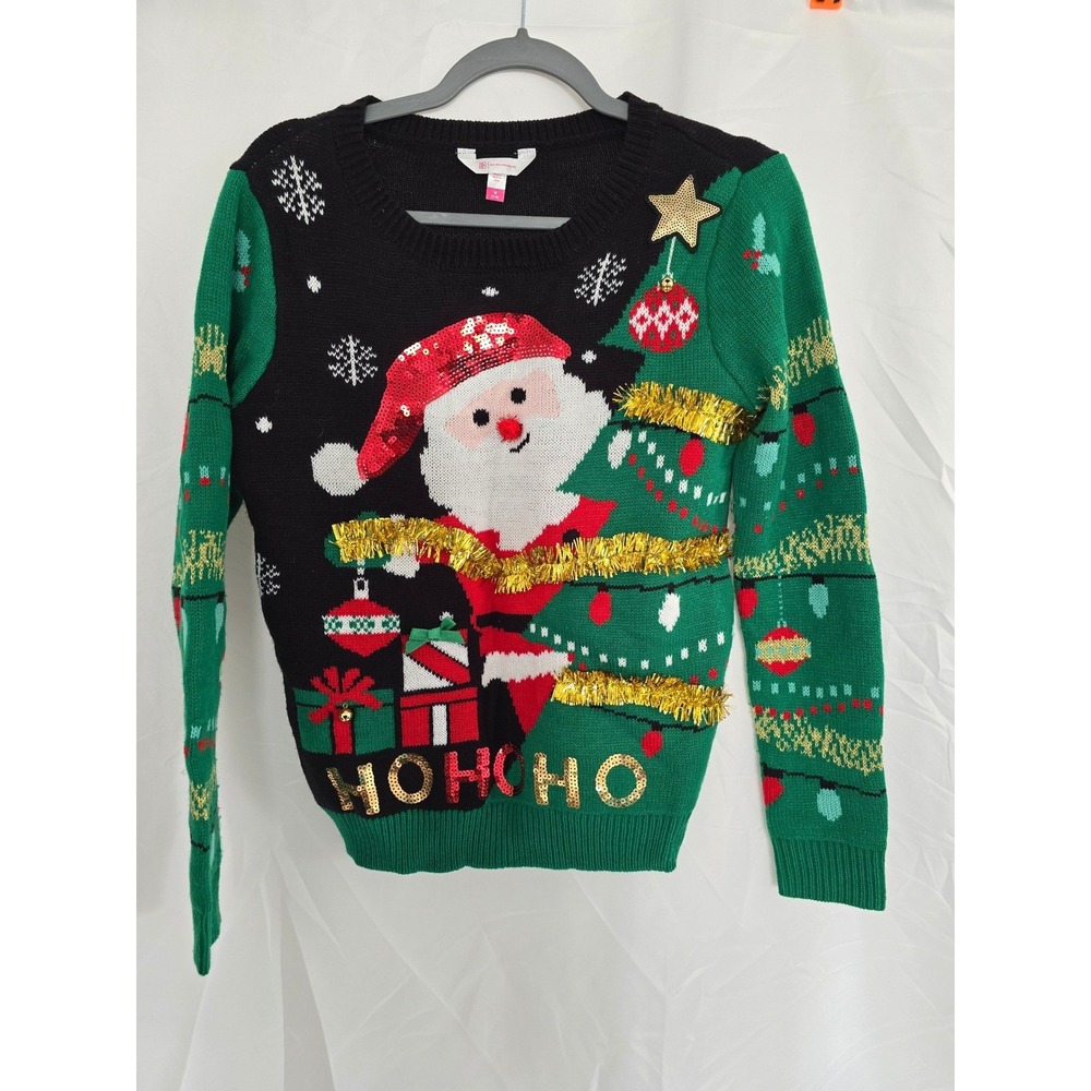 No Boundaries Womens Ugly Christmas‎ Sweater Santa Ho Ho Ho Sequin Tinsel M